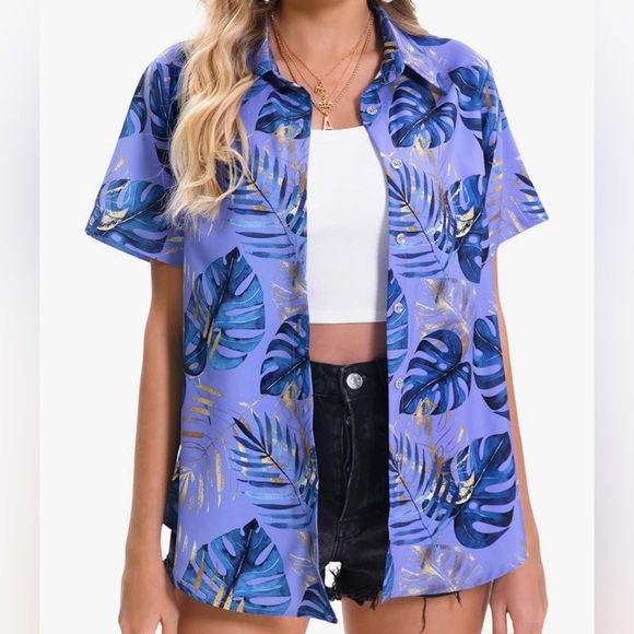 Mizvsitrd Women’s Hawaiian Floral Tropic Print Short Sleeve Soft Button Up top - Picture 3 of 11